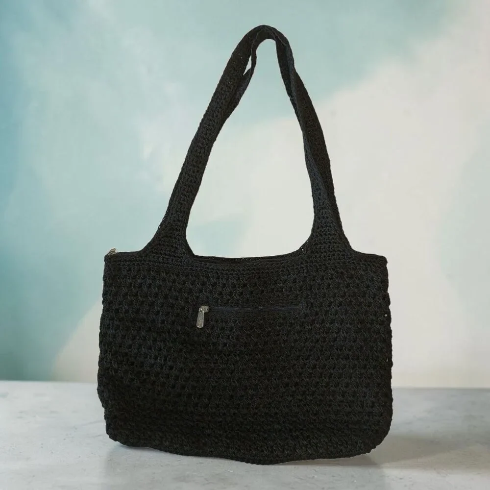 The Sak Black Crochet Knit Handbag Boho Y2K Hobo Shoulder Tote Purse Bag